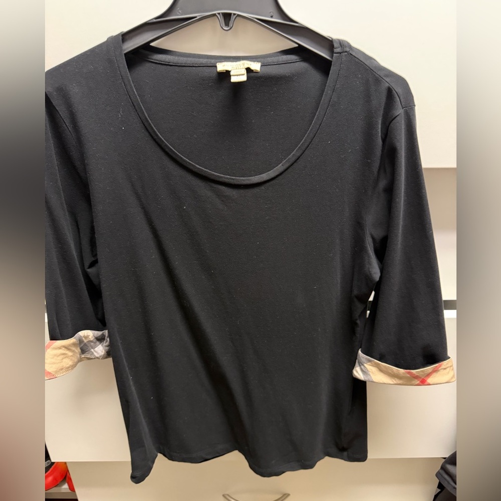 Burberry Black 3/4 Sleeve Top with Check Cuffs